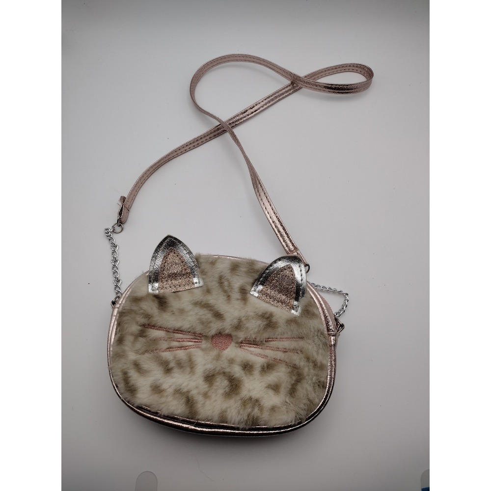 JMG Girls Rose Gold Metallic Cat Crossbody Purse Faux Fur Leopard Print Bag‎